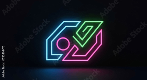 A vibrant abstract geometric logo illuminated with cyan, magenta, and green neon lights against a dark, reflective background.