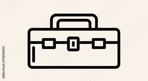 A minimalist black line art icon of a classic toolbox with a handle and a central latch on a plain background.