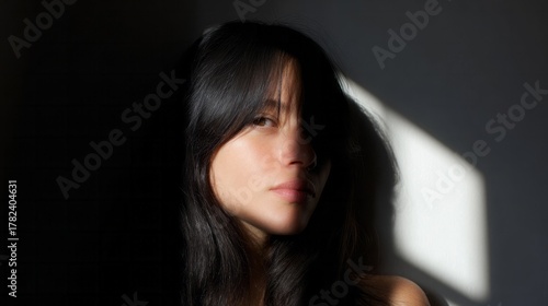 In the chiaroscuro shadows, an Asian woman gazes with enigmatic intensity, conjuring Lunar New Year mystique and introspective solstice