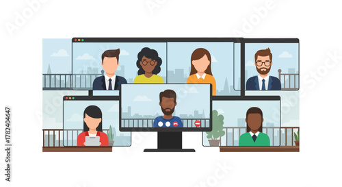 A diverse group of professional colleagues participating in an online video conference call for a remote business meeting