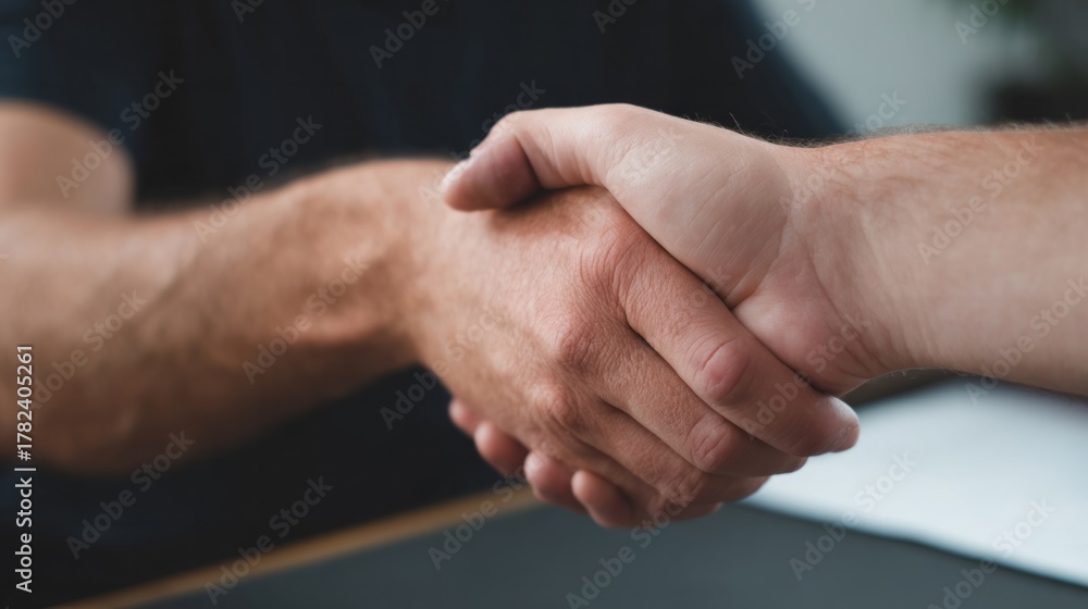 Fototapeta premium Two hands clasp in a timeless handshake, symbolizing unity on Global Collaboration Day, resonating beneath an azure cosmos