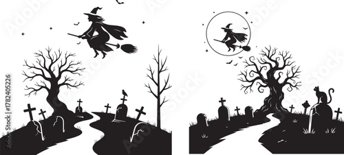 halloween witch flying over haunted graveyard with spooky trees full moon and black cat