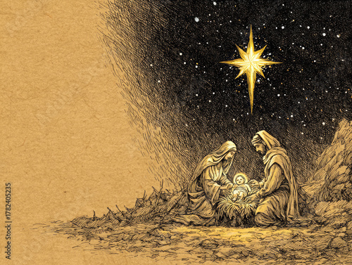 A vibrant, traditional pen and ink illustration of nativity scene with Mary Joseph baby Jesus beautiful gold star above them copy space ideal for artistic religious Christmas card holiday background