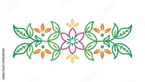 A Floral Pattern in Green Orange and Purple on Black Background