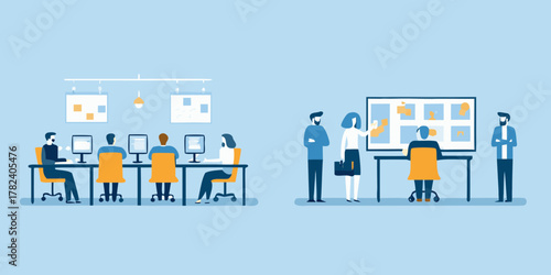 Diverse team collaborating in modern office environment with computers and digital whiteboard presentation