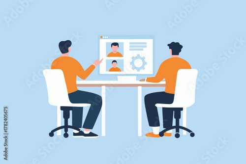 Two people in an office setting collaborating on a project using a computer screen displaying video calls and a gear icon