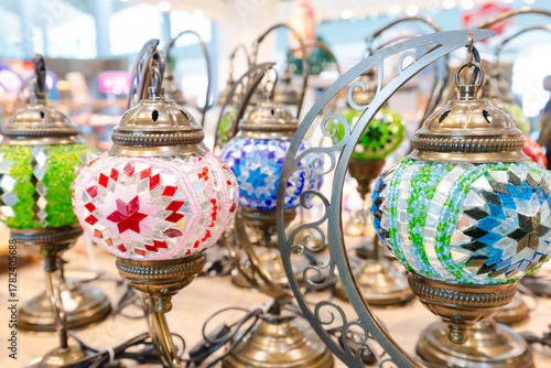 Traditional Turkey table lamps with glass bulbs in the form of a multi-colored mosaic.
