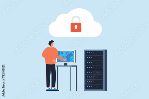 Man managing secure cloud data with servers and computer showing world map