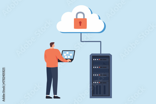 Man with laptop connects to secure cloud server with padlock icon representing data protection