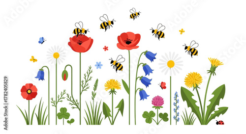 Floral Delights Bees Amongst Vibrant Wildflowers and Dandelions