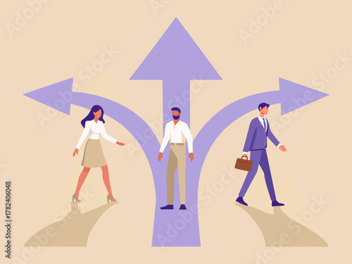 Three diverse business people stand at a crossroads making different career path decisions