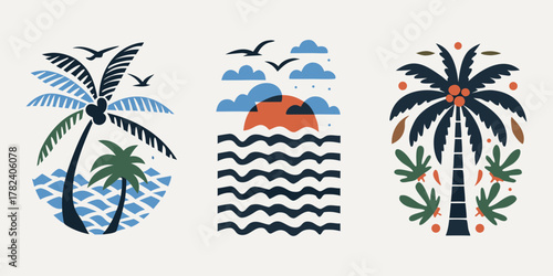 Tropical paradise trio featuring palm trees ocean waves and sunset in a modern abstract style