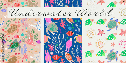 Whimsical underwater world pattern with sea turtles fish corals and starfish