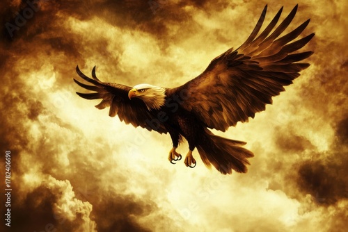 A powerful eagle soaring through golden clouds with outstretched wings.