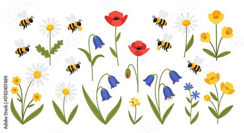 Vibrant spring meadow collection with busy bees and diverse blooming wildflowers, illustrating nature's cheerful beauty