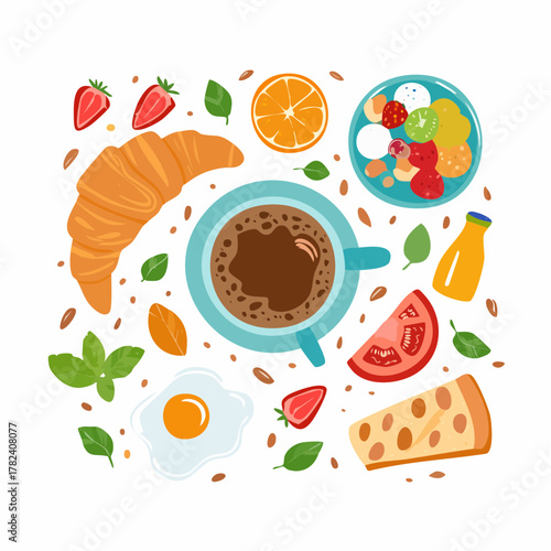 Hand-Drawn Colorful Breakfast Still Life with Fruits and Berries