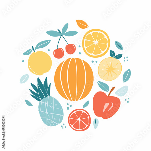 Hand-Drawn Colorful Fruits and Berries in Abstract Style