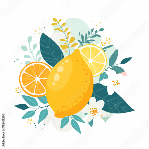 Decorative composition of fresh citrus fruits, including lemon and orange slices, arranged with botanical leaves and flowers
