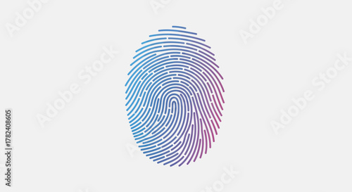 Vibrant gradient fingerprint graphic with blue and purple lines symbolizing digital security and unique identity.