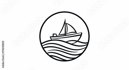 A simple black outline drawing of a sailboat on wavy water, enclosed in a circular frame.