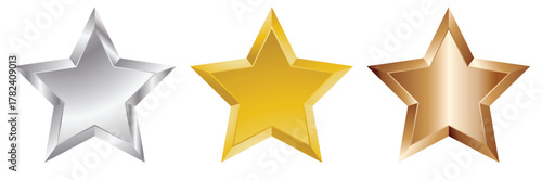 Gold Silver Bronze Star Icons – Metallic Ranking Stars Set for Rating and Achievement Design