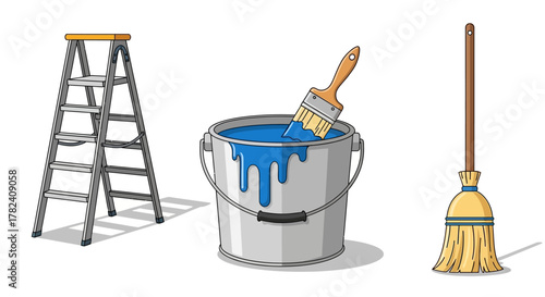 Essential home improvement and cleaning tools illustration featuring a stepladder, paint bucket, brush, and broom for household maintenance