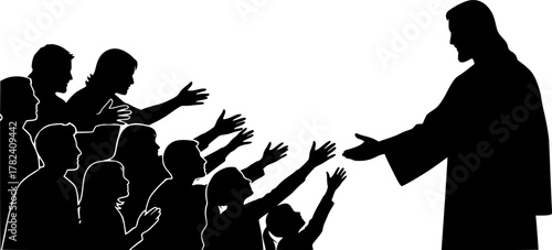 The Jesus Calling People. Christian Clipart silhouette Vector Logo Symbol isolated on white background. Followers embracing faith searching divine connection and guidance. 