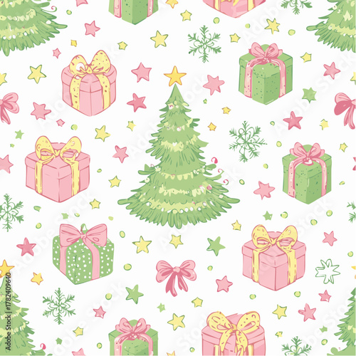 Festive Christmas Seamless Pattern Hand-Drawn Gifts, Trees, and Stars in a Vintage Style