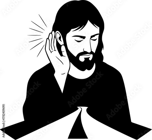 The Jesus Listening. Christian Clipart silhouette Vector Logo Symbol isolated on white background. Devout attentiveness sacred audio experience aural guidance divine counsel.