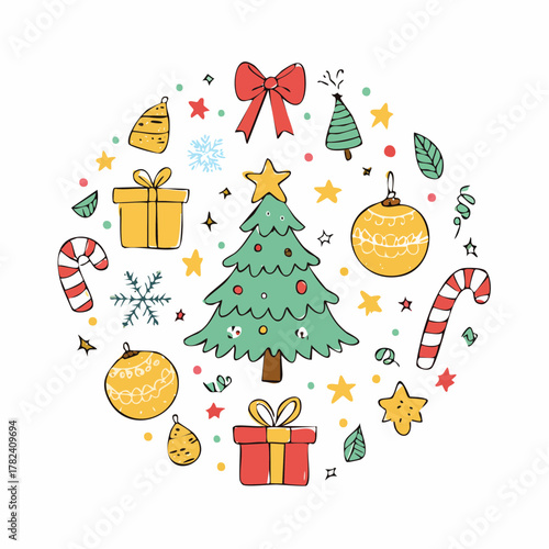 Festive Christmas Doodle Collection Tree, Gifts, and Ornaments in a Whimsical Hand-Drawn Style