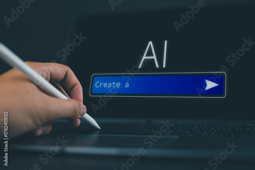 AI prompt to generate content or image with computer. Text model. Artificial intelligence in laptop. Photo generator at creative work. Student searching with virtual chat.