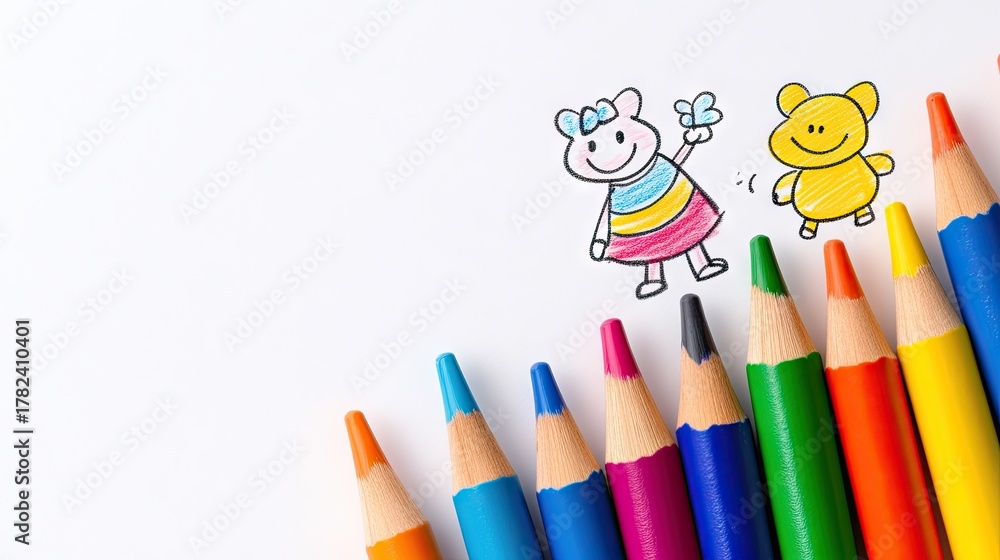 Fototapeta premium Bright crayon characters joyfully playing in a forest filled with imaginative colors and creative expressions by a young artist