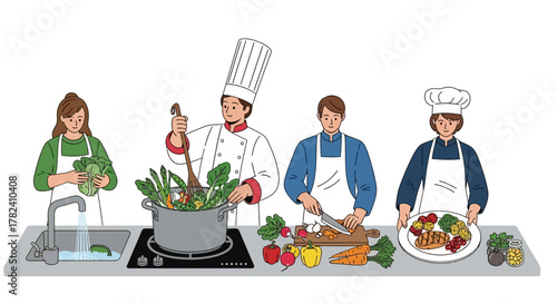 Culinary Team Preparing Healthy Meals with Fresh Ingredients at Kitchen Counter