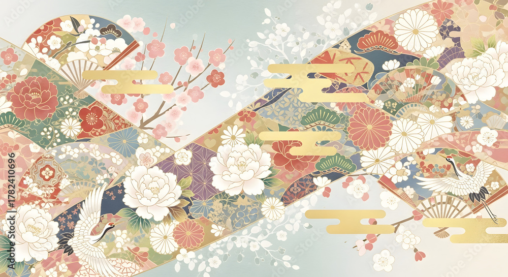 Fototapeta premium 金雲と四季の花が彩る和風デザイン｜伝統美イラスト