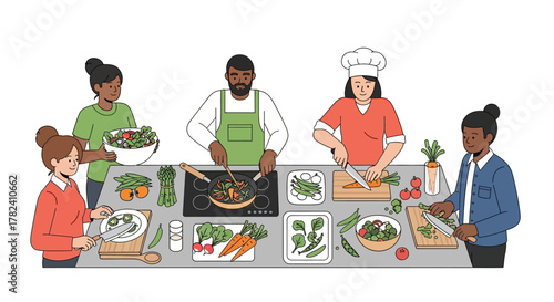 Culinary Collaboration A Diverse Group of People Preparing a Healthy Vegan Meal Together