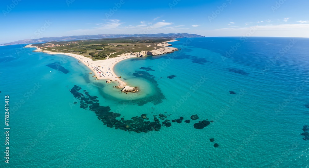 Obraz premium Aerial view of a stunning turquoise sea and a beautiful island with sandy beaches.