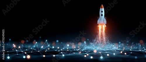 Ascending ambitions: the rise of technological marvels. Cyber intelligence. Metallic rocket piercing the atmosphere with fire. Digital intelligence. Network architecture.