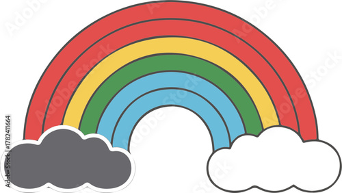 Simple cartoon rainbow with red yellow green and blue arcs and grey and white clouds vector
