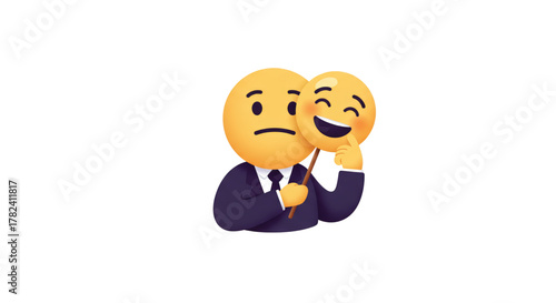 A person in a suit holding a happy emoji mask over their neutral expression, symbolizing hidden emotions or a facade.