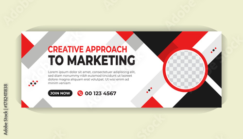 Minimalist corporate Facebook cover template with strong red accent, photo holder, clean design and professional typography