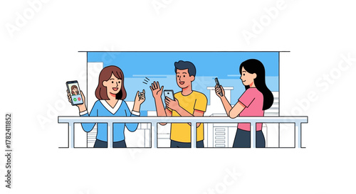 Friends connecting remotely on balconies, enjoying video calls, and staying in touch with each other