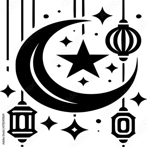 Celestial Serenity: A delicate silhouette of a crescent moon cradling a radiant star, encircled by twinkling stars and ornate lanterns. A symbol of peace and reflection.