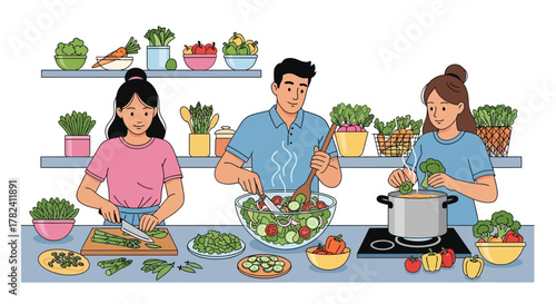 Friends or family joyfully preparing a vibrant, healthy meal together, chopping fresh vegetables and mixing a delicious salad for a wholesome home-cooked experience in a modern kitchen setting