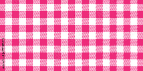 Pink picnic plaid texture. Gingham or vichy pattern in coquette style. Tablecloth, blanket or napkin print. Checkered baby girl background. Wrapping paper or textile design. Vector flat illustration.