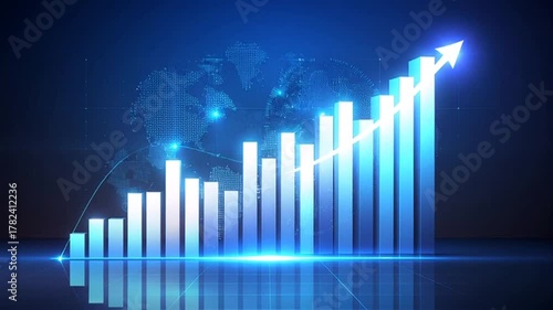 Animated Financial Growth Bar Chart with Arrow on Dark Blue Background, Business Success and