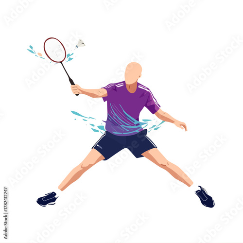 Vibrant vector illustration of a male badminton player in mid-air, executing a powerful jump shot during an intense match, symbolizing speed and competitive spirit