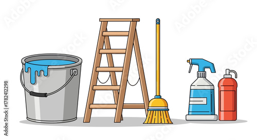 Painting and Cleaning Supplies A Bucket of Paint, Ladder, Broom, Sprayer, and More