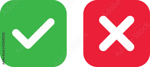 Check mark icon set. Check box icon with right and wrong buttons and yes or no checkmark icons in green tick box and red cross. vector illustration .