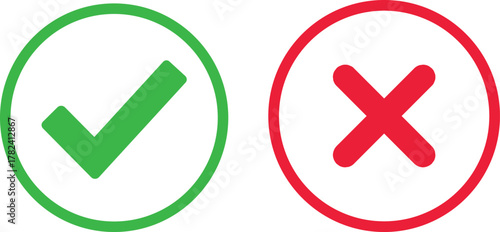 Check mark icon set. Check box icon with right and wrong buttons and yes or no checkmark icons in green tick box and red cross. vector illustration .
