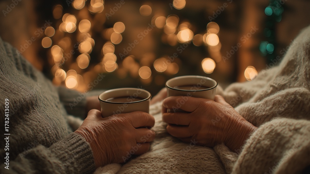 Fototapeta premium Elderly couple’s wrinkled hands holding steaming cups wrapped in blankets sitting together by glowing fireplace with festive bokeh lights